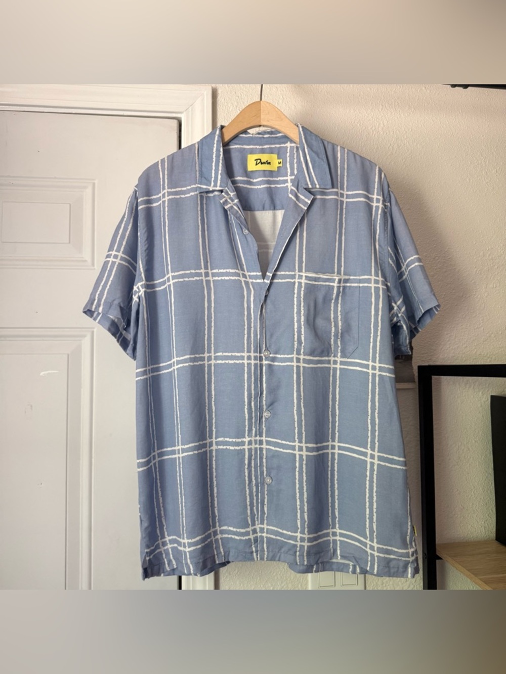 DUVIN blue white windowpane check linen tencel short sleeve button up shirt